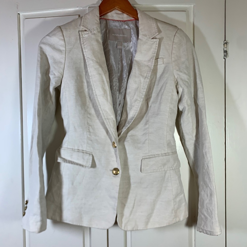 Banana Republic Cream Linen Blend Blazer Gold Crest Buttons Sz 0 Tailored Office